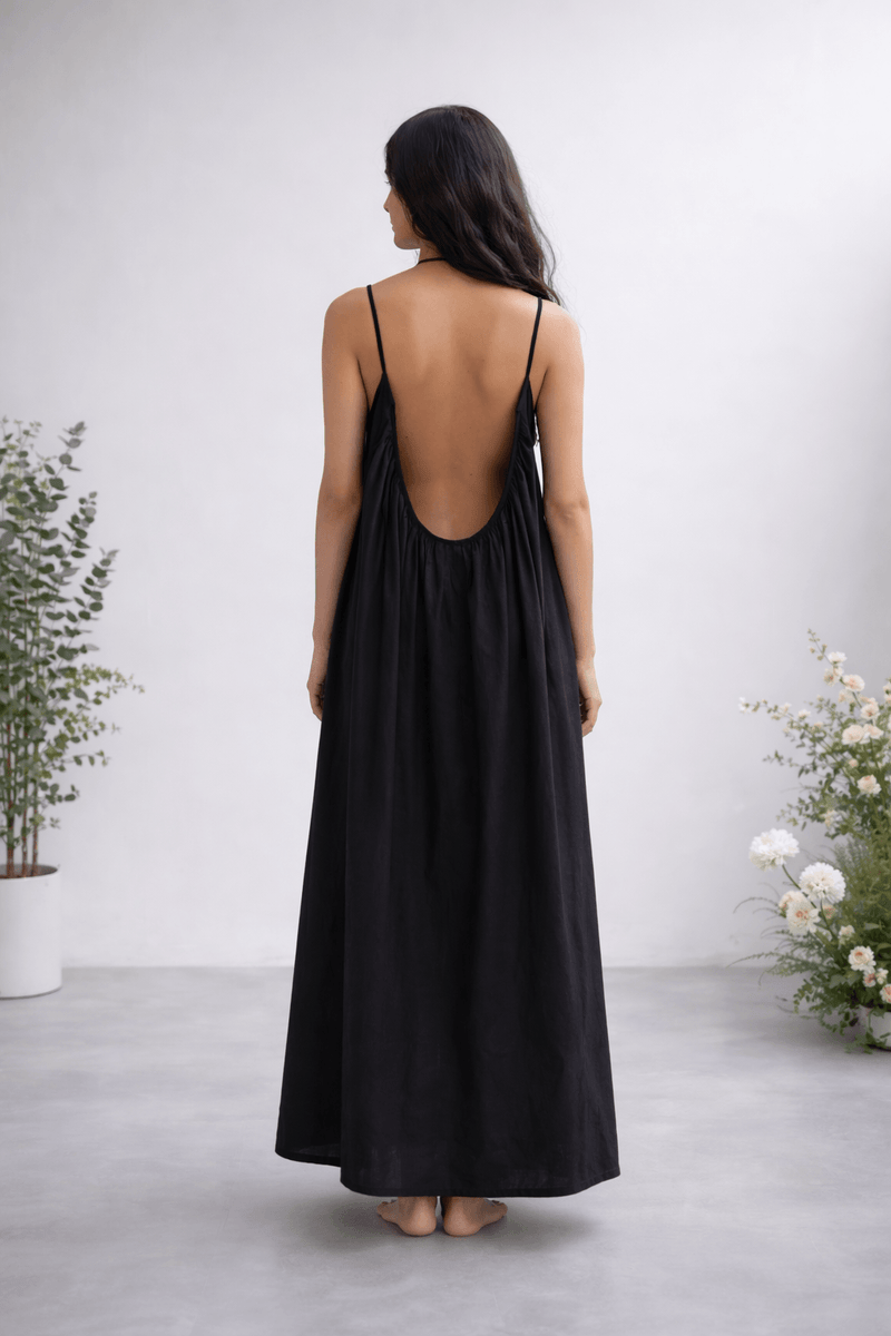 Gathered Linen Maxi Dress with Spaghetti Straps