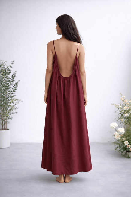 Gathered Linen Maxi Dress with Spaghetti Straps