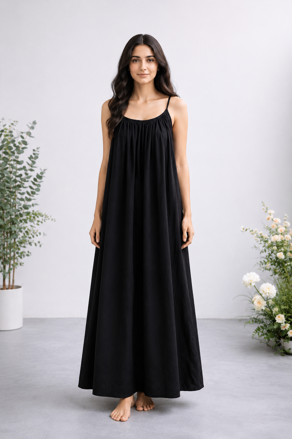 Gathered Linen Maxi Dress with Spaghetti Straps